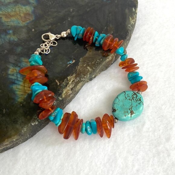 Sterling Silver 925 Turquoise Chip & Baltic Amber Chip Beaded Bracelet 8" - 9" - Picture 4 of 16